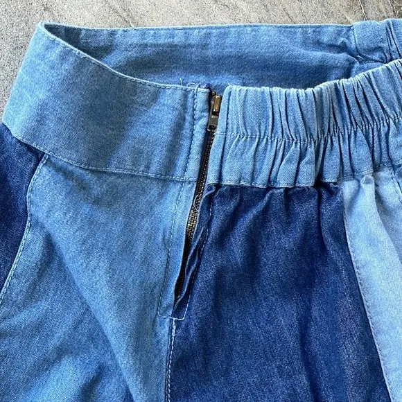 💙 Love The Label Anthropologie Denim Midi Skirt Size XS Colorblock Denim Cotton