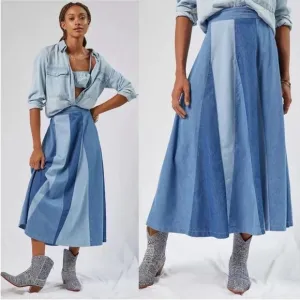 💙 Love The Label Anthropologie Denim Midi Skirt Size XS Colorblock Denim Cotton