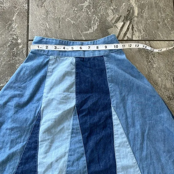 💙 Love The Label Anthropologie Denim Midi Skirt Size XS Colorblock Denim Cotton