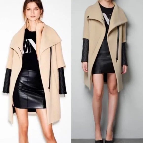 🦋 ZARA Camel Brown Coat Quilted Leather Sleeves XS