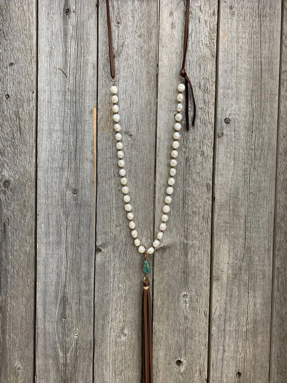 13822 Freshwater Pearl, Turquoise, & Leather Tassel