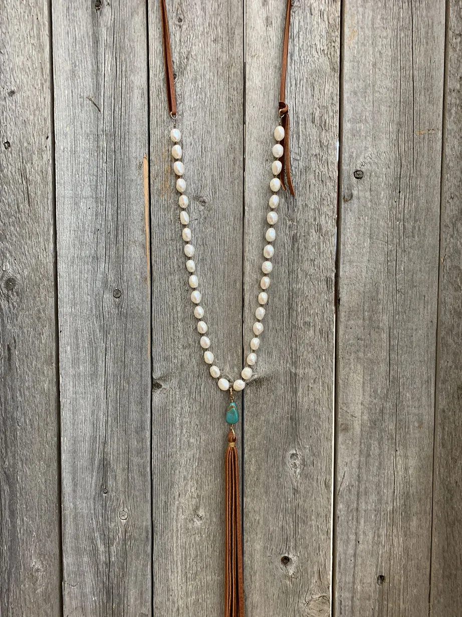 13822 Freshwater Pearl, Turquoise, & Leather Tassel