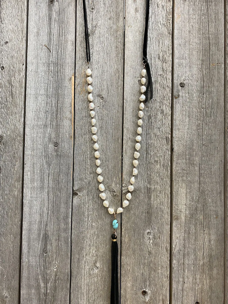 13822 Freshwater Pearl, Turquoise, & Leather Tassel