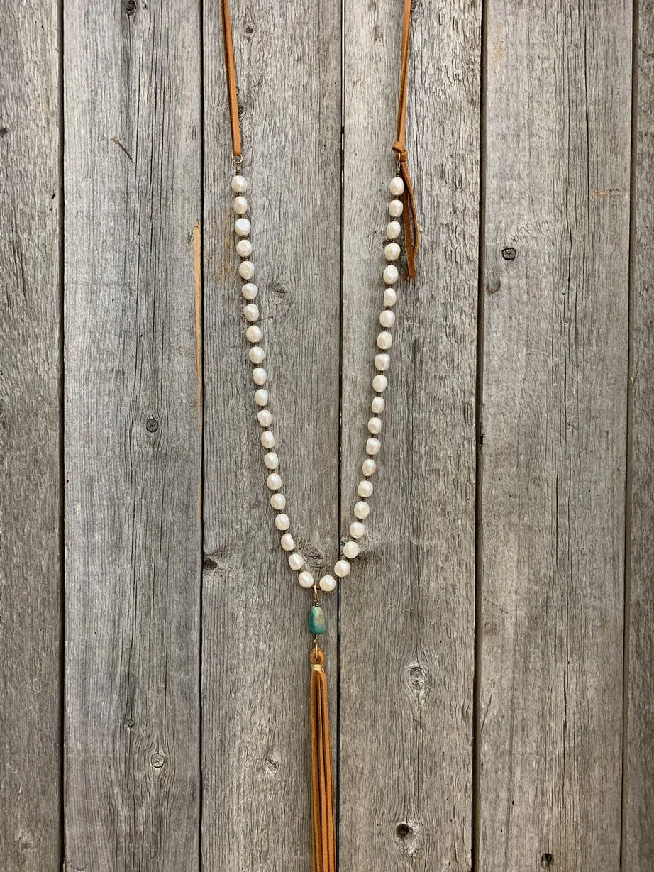 13822 Freshwater Pearl, Turquoise, & Leather Tassel