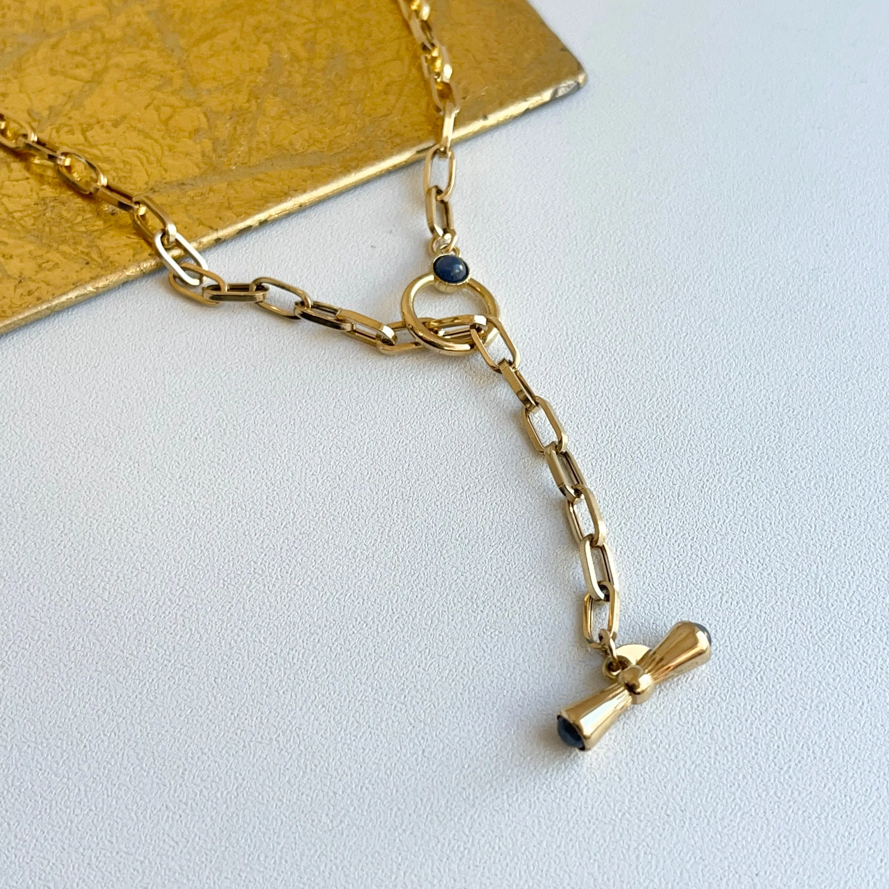 18KT Yellow Gold Paper Clip Chain Lapis Toggle Lariat Necklace