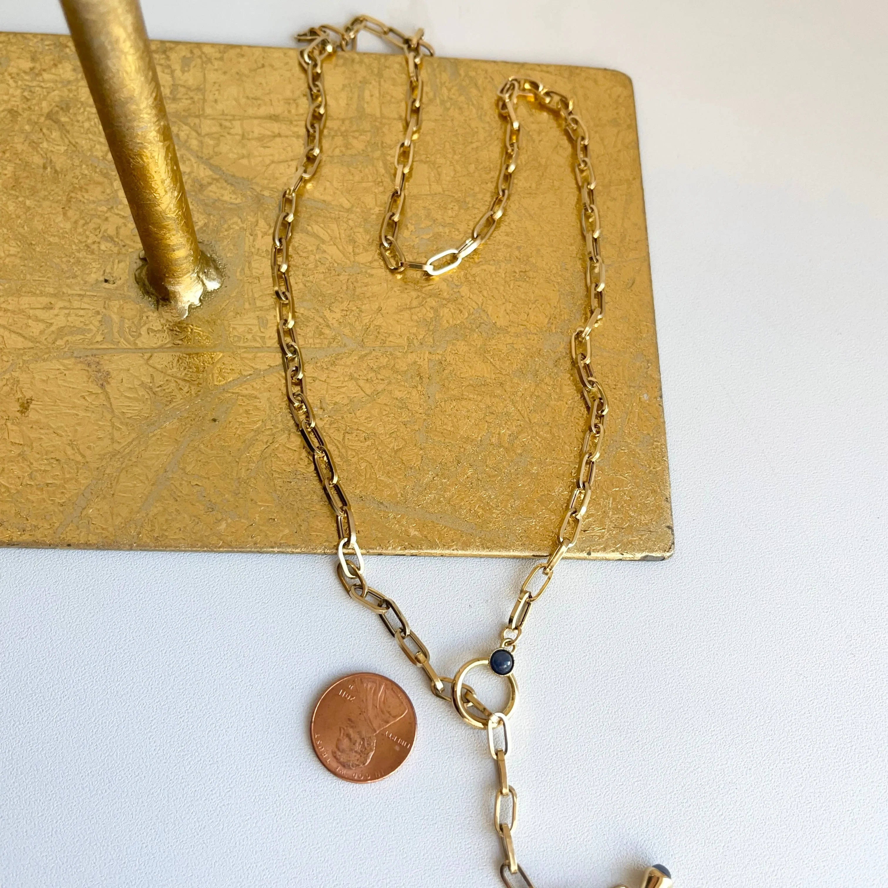 18KT Yellow Gold Paper Clip Chain Lapis Toggle Lariat Necklace