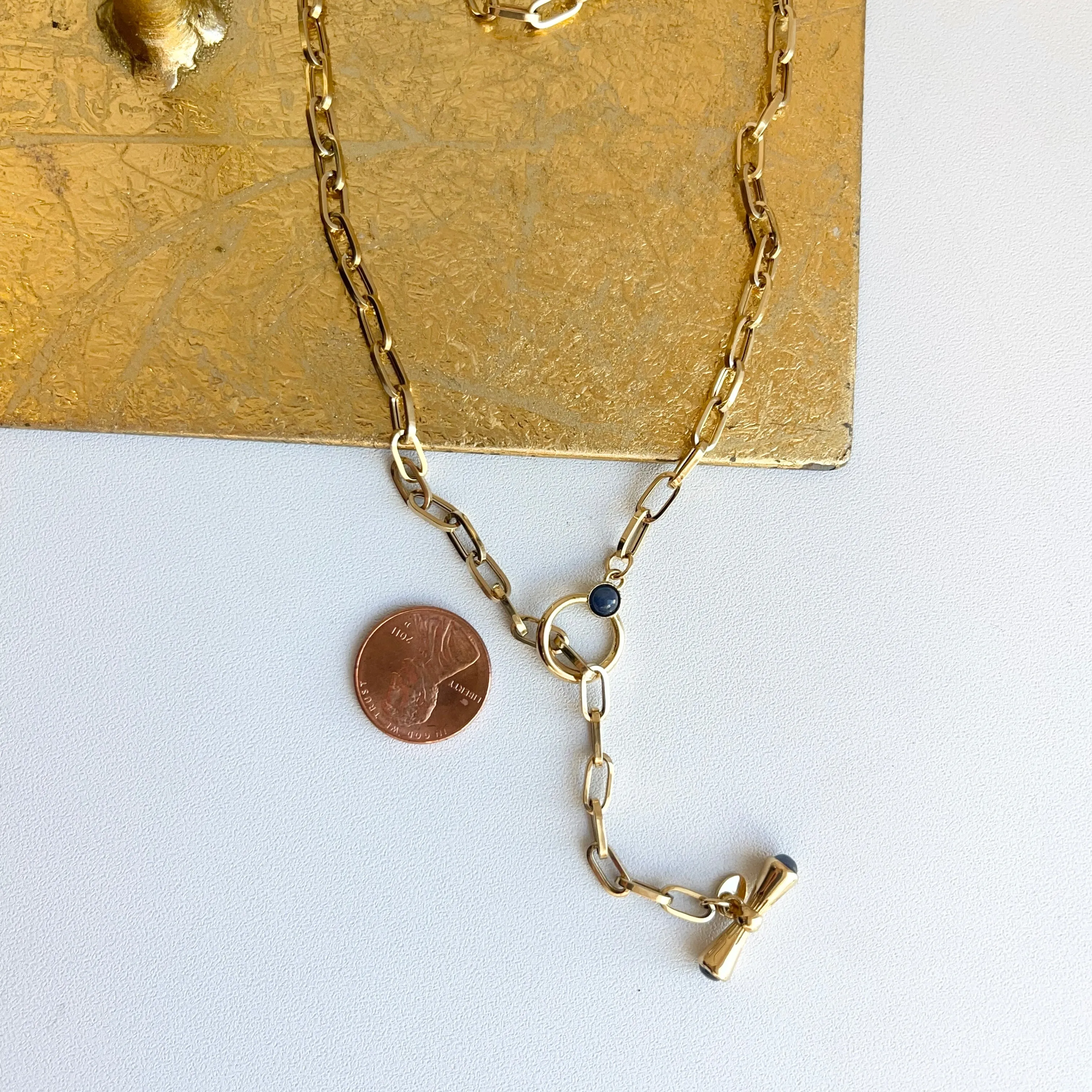 18KT Yellow Gold Paper Clip Chain Lapis Toggle Lariat Necklace