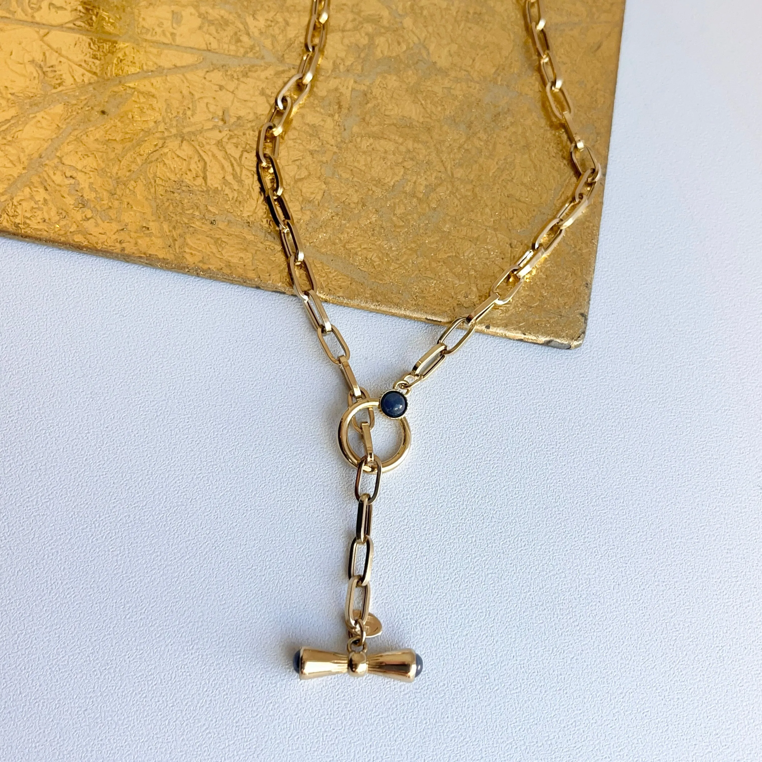 18KT Yellow Gold Paper Clip Chain Lapis Toggle Lariat Necklace