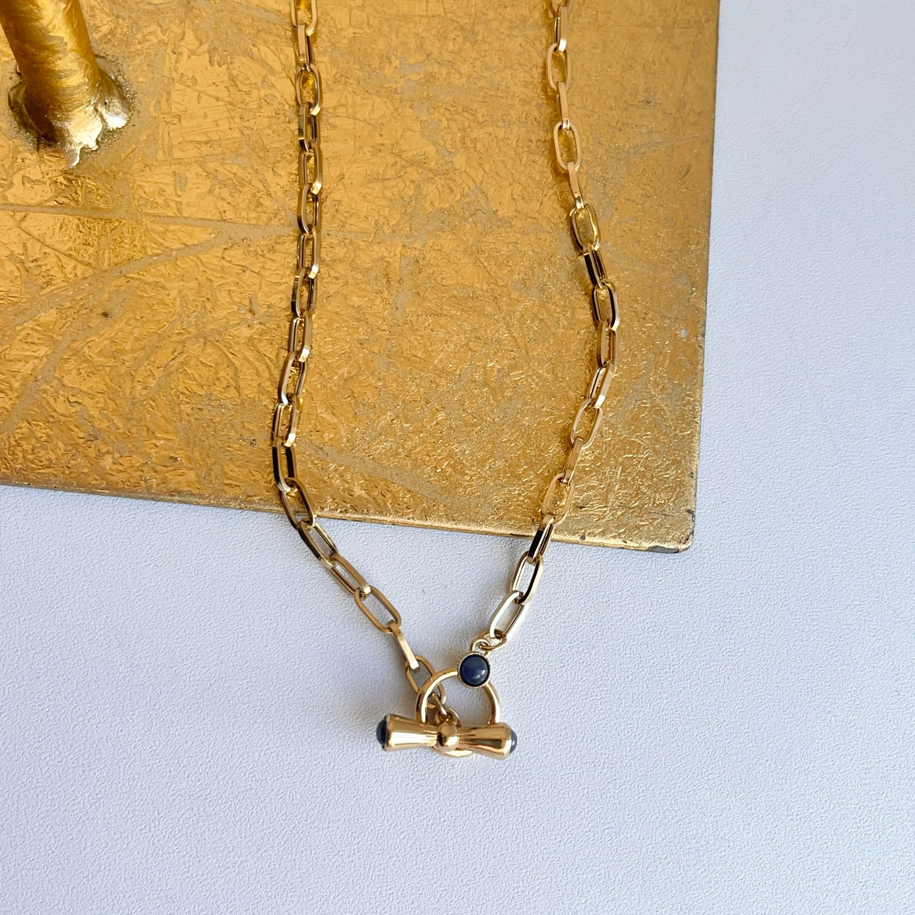 18KT Yellow Gold Paper Clip Chain Lapis Toggle Lariat Necklace