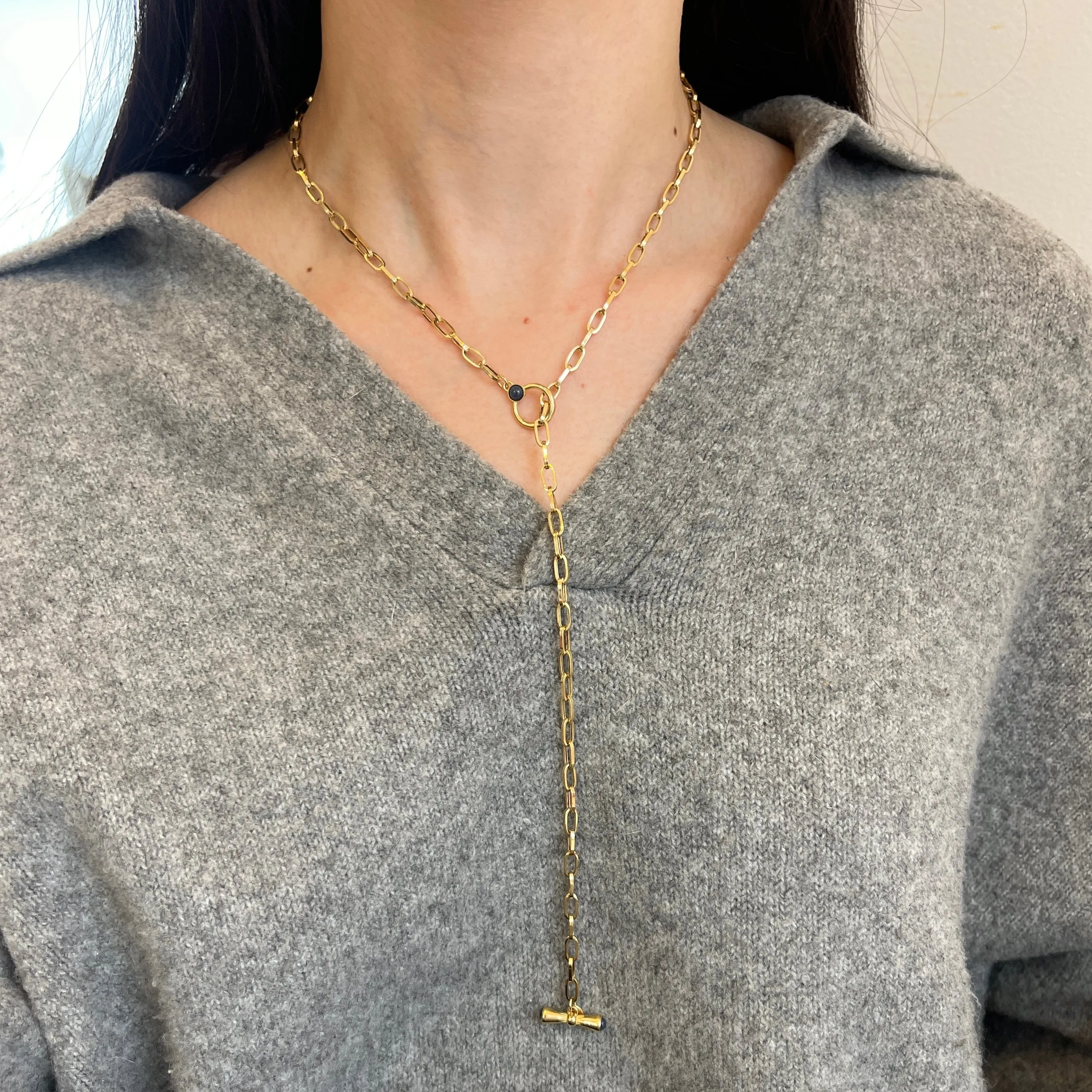 18KT Yellow Gold Paper Clip Chain Lapis Toggle Lariat Necklace