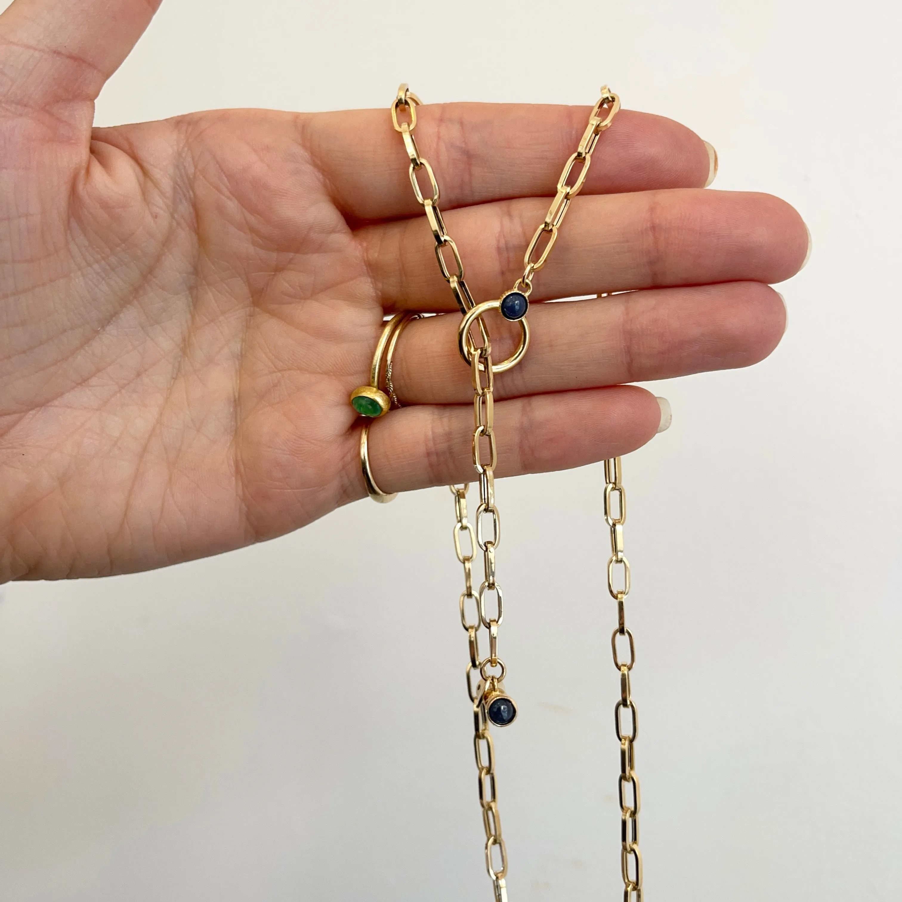 18KT Yellow Gold Paper Clip Chain Lapis Toggle Lariat Necklace