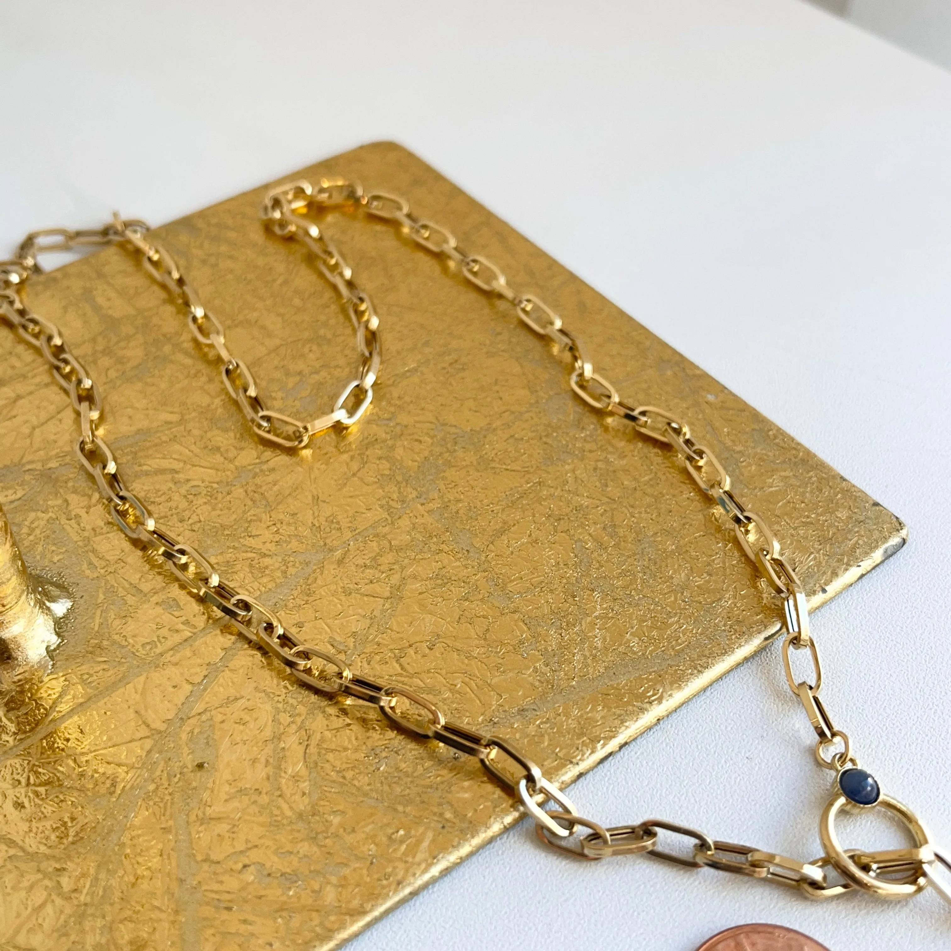 18KT Yellow Gold Paper Clip Chain Lapis Toggle Lariat Necklace