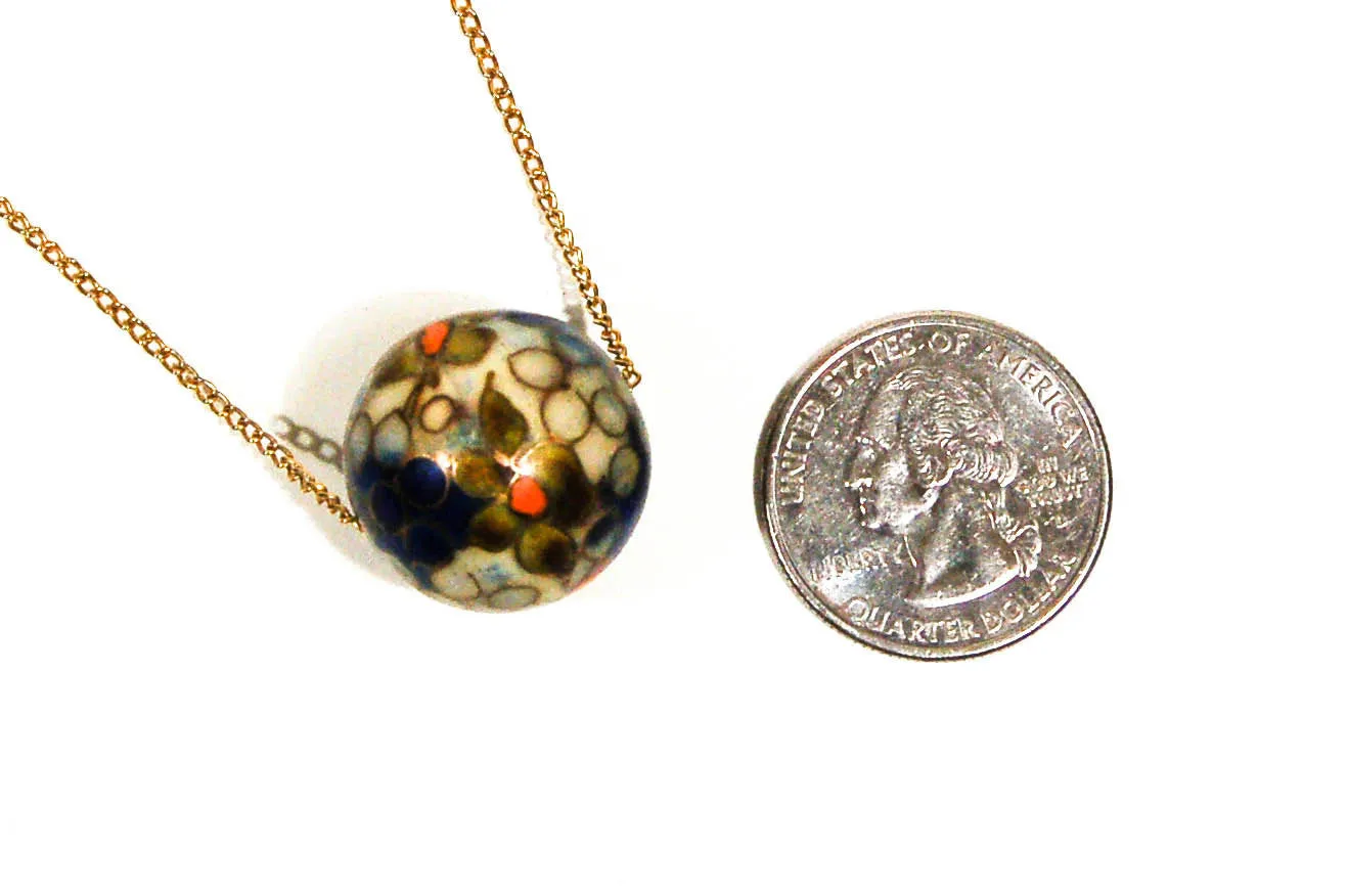 1970's Floral Cloisonne Floating Bead Pendant Necklace
