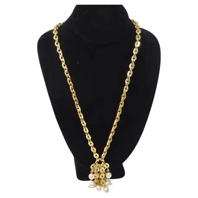 1980s Gold Plated Faux Pearl Tassel Necklace