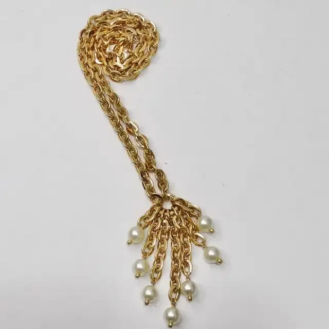 1980s Gold Plated Faux Pearl Tassel Necklace