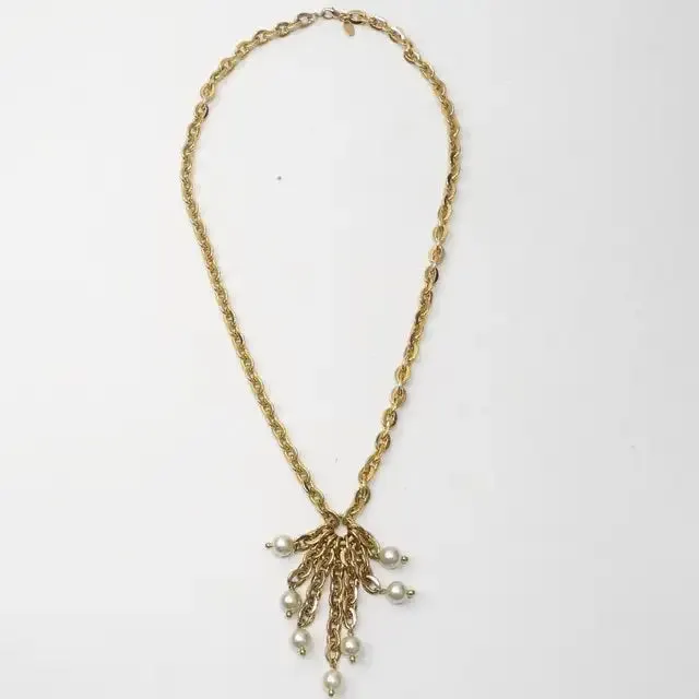 1980s Gold Plated Faux Pearl Tassel Necklace