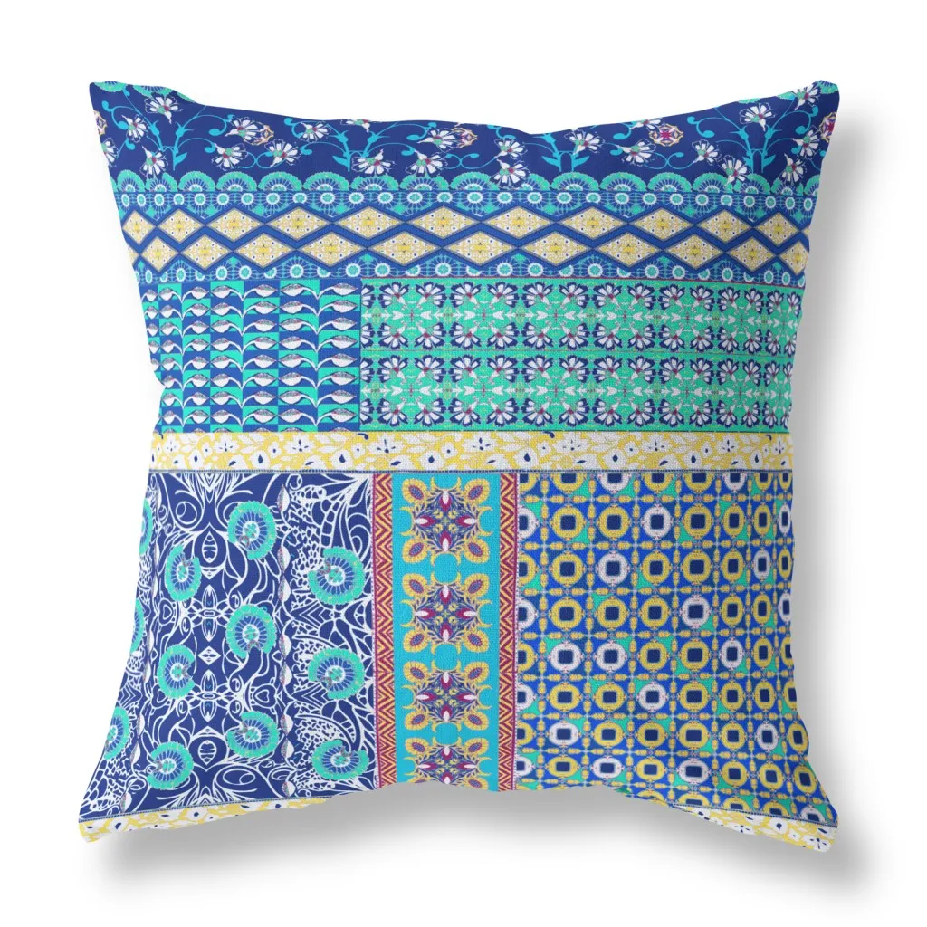 20” Navy Blue Yellow Patch Indoor Outdoor Zippered Throw Pillow