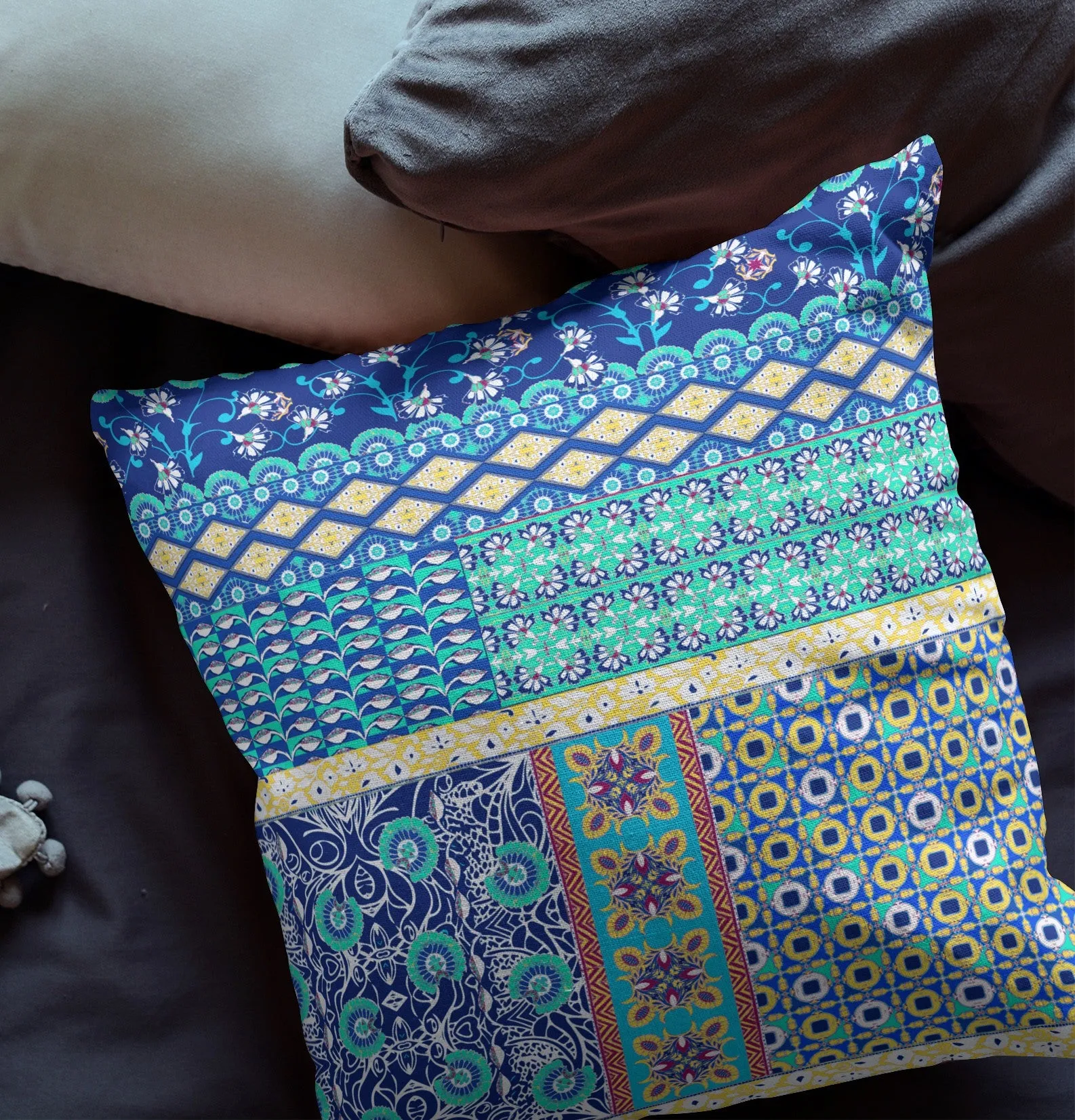 20” Navy Blue Yellow Patch Indoor Outdoor Zippered Throw Pillow