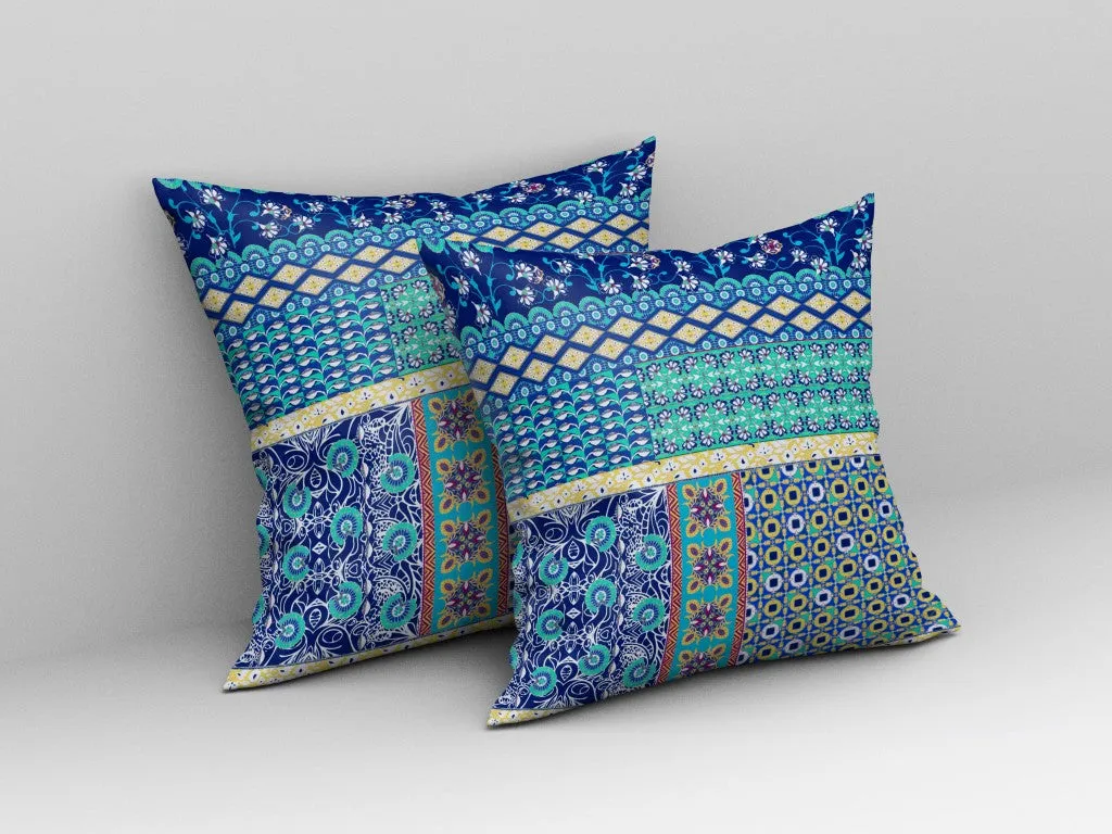 20” Navy Blue Yellow Patch Indoor Outdoor Zippered Throw Pillow