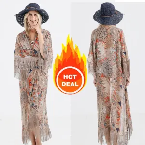 2021 Retro Printed Half Sleeve Chiffon Cardigan Kimono Boho Fringed Tassels Bikini Cover Up Ankle Length Cape Beach Swimsuit
