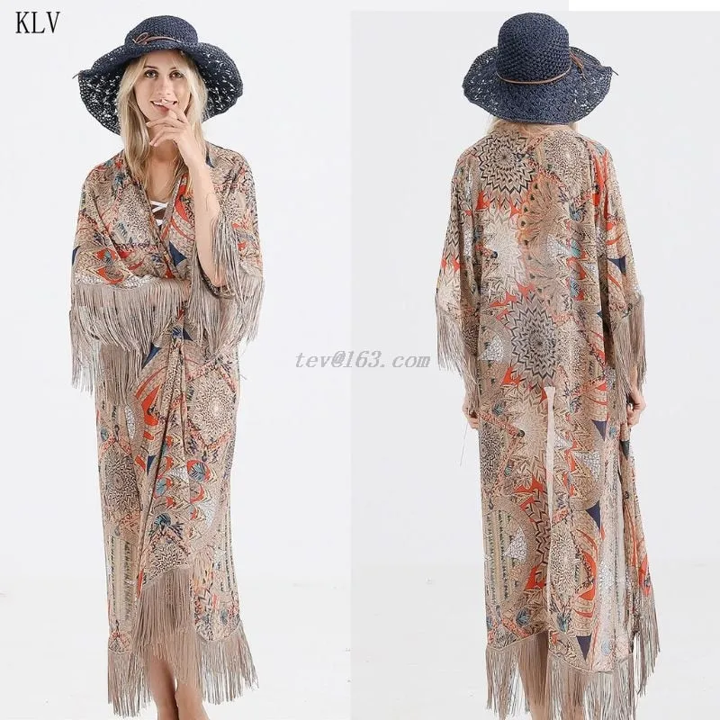 2021 Retro Printed Half Sleeve Chiffon Cardigan Kimono Boho Fringed Tassels Bikini Cover Up Ankle Length Cape Beach Swimsuit