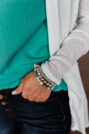 3 Layer Tassel & Beads Bracelet Set- Mint & Gold