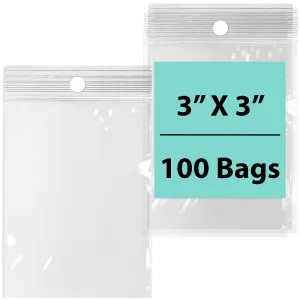 3X3 inches Reclosable Poly Bags with Hang Hole 2 Mil (LDPE) Single Track Zipper