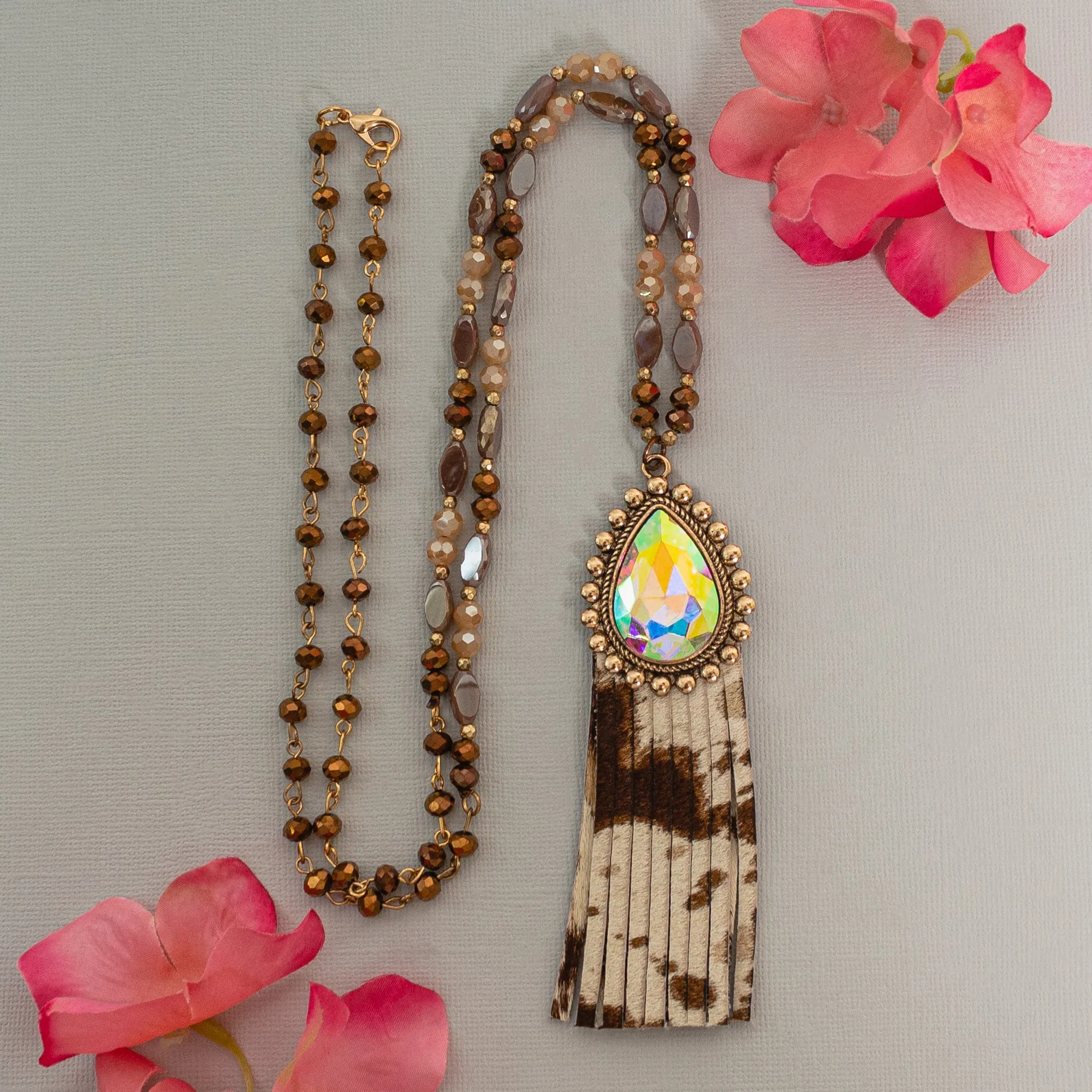72782 - Animal Print Tassel Necklace - Cow