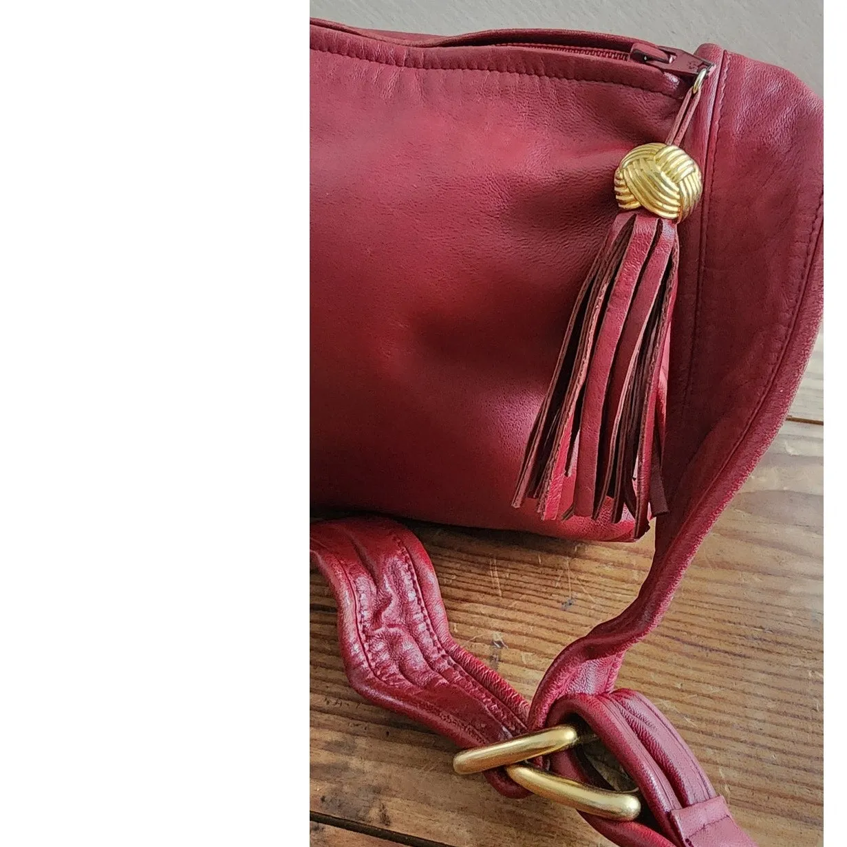 80s Red Leather Shoulder Bag Anne Klein Gold Tassel