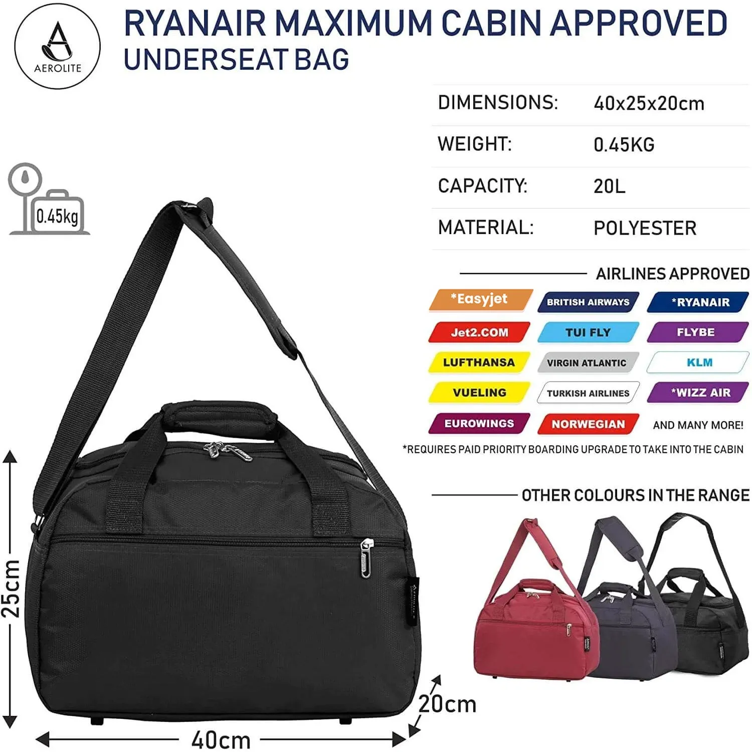 Aerolite (40x20x25cm) New and Improved 2024 Ryanair Maximum Size Holdall Cabin Luggage Under Seat Flight Holdall Bag (x2 Set)