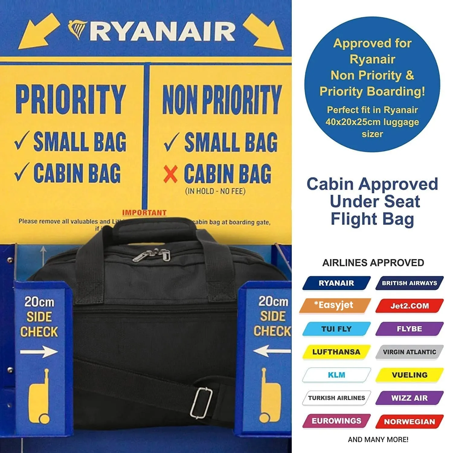 Aerolite (40x20x25cm) New and Improved 2024 Ryanair Maximum Size Holdall Cabin Luggage Under Seat Flight Holdall Bag (x2 Set)