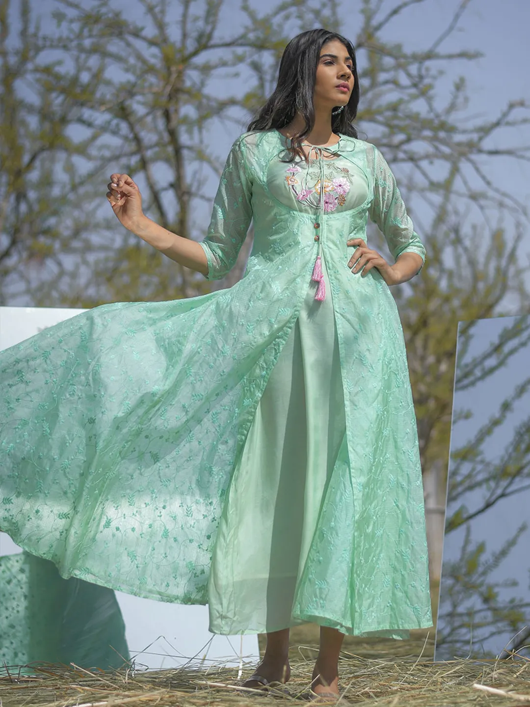 Amaiva Light Green Ethnic Print Kota Doriya Muslin Kurta