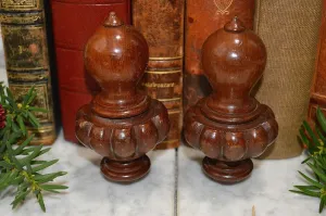 Antique Pair French Turned Wood Finials Drapery Cord Keepers Tassel Pulls 2 pc