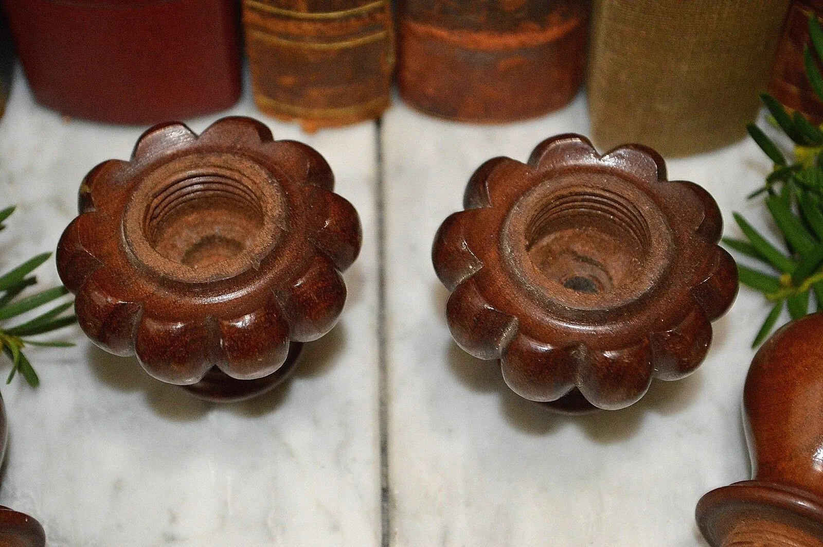 Antique Pair French Turned Wood Finials Drapery Cord Keepers Tassel Pulls 2 pc