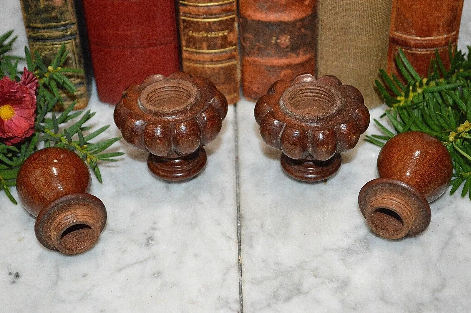Antique Pair French Turned Wood Finials Drapery Cord Keepers Tassel Pulls 2 pc