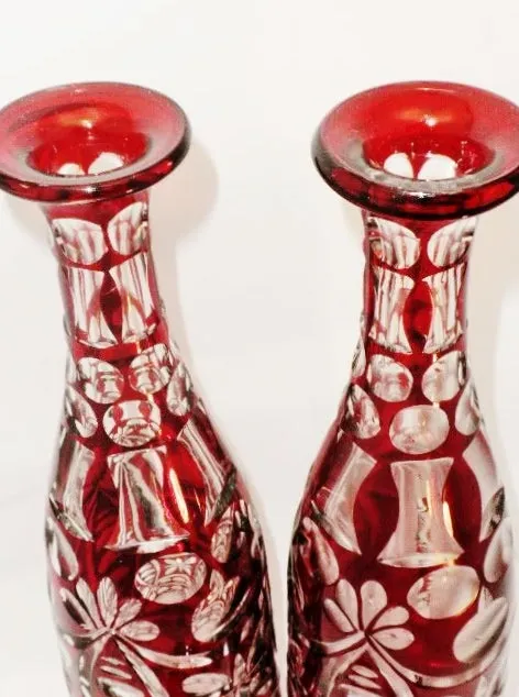 Antique Pair of Ruby Crystal Bohemian Decanters