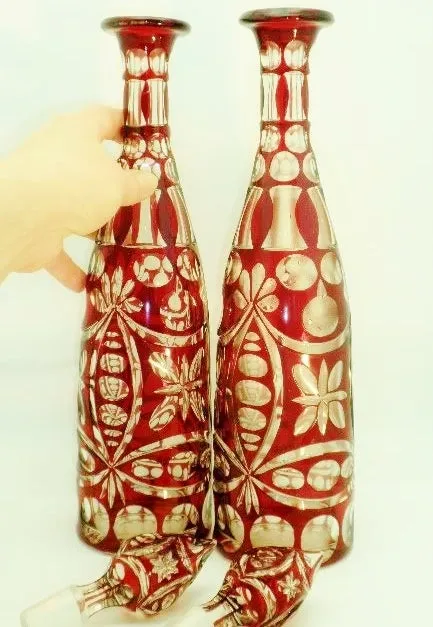 Antique Pair of Ruby Crystal Bohemian Decanters