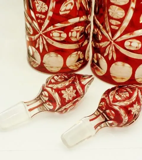 Antique Pair of Ruby Crystal Bohemian Decanters