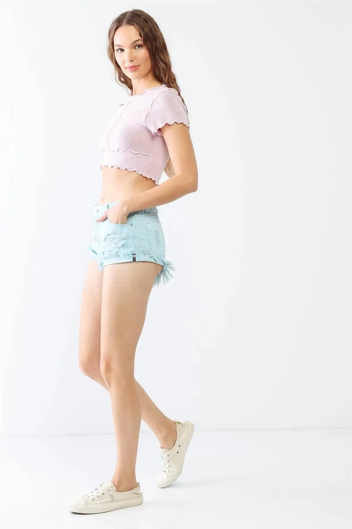 Aqua Cotton Ripped Five Pocket Distressed Details Stretchy Denim Shorts