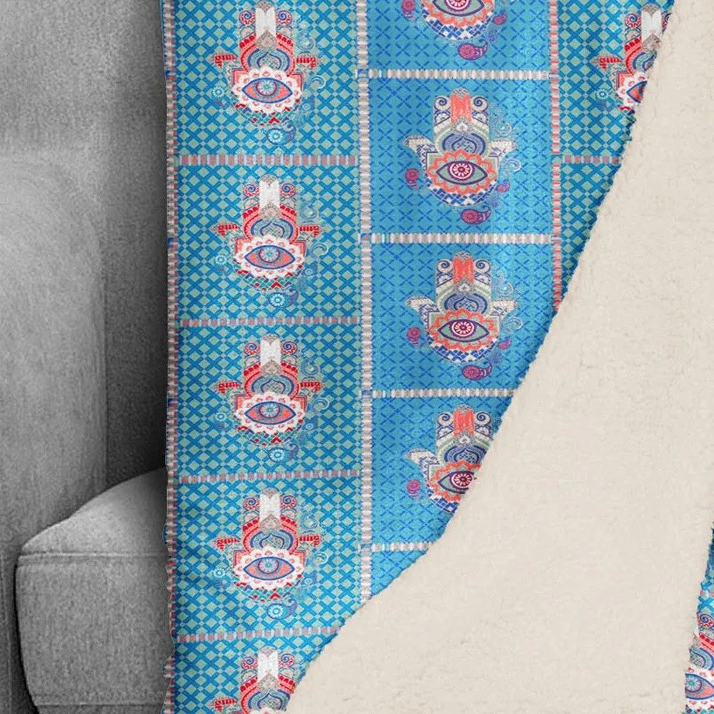 Aqua Hamsa Patchwork Fleece and Sherpa Throw Blanket
