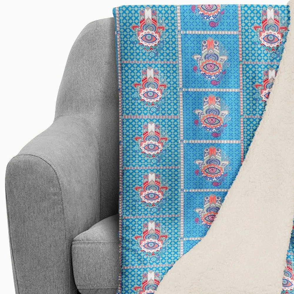 Aqua Hamsa Patchwork Fleece and Sherpa Throw Blanket