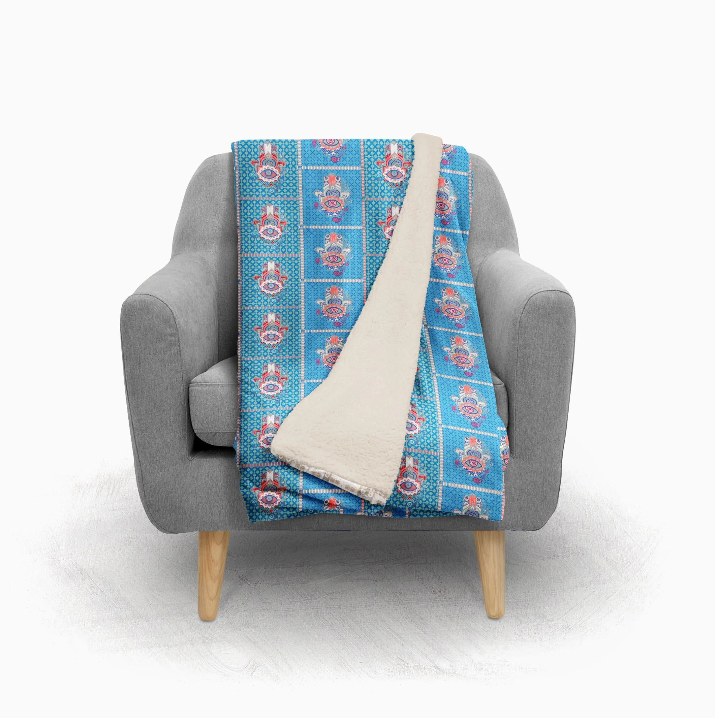 Aqua Hamsa Patchwork Fleece and Sherpa Throw Blanket