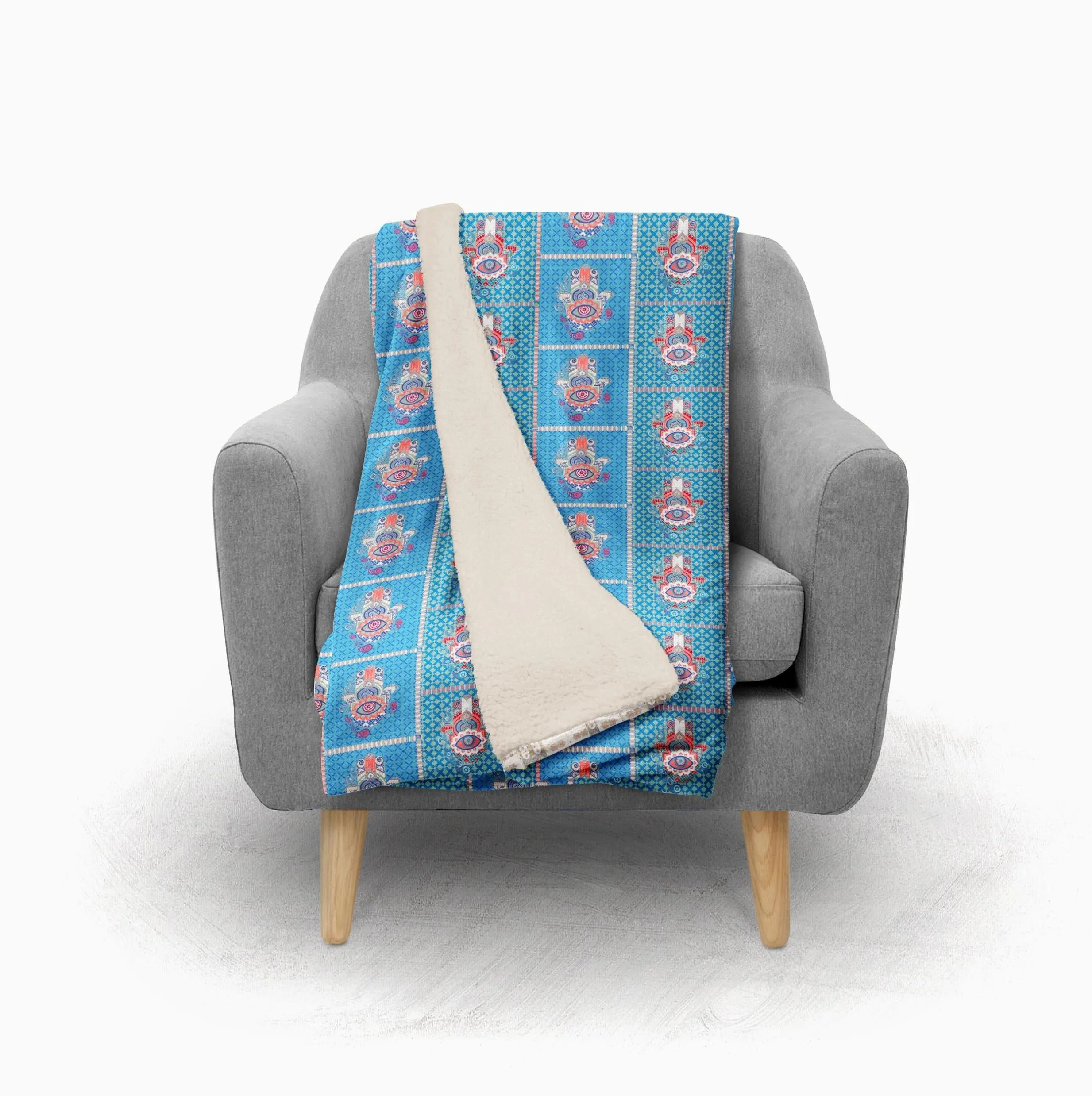 Aqua Hamsa Patchwork Fleece and Sherpa Throw Blanket