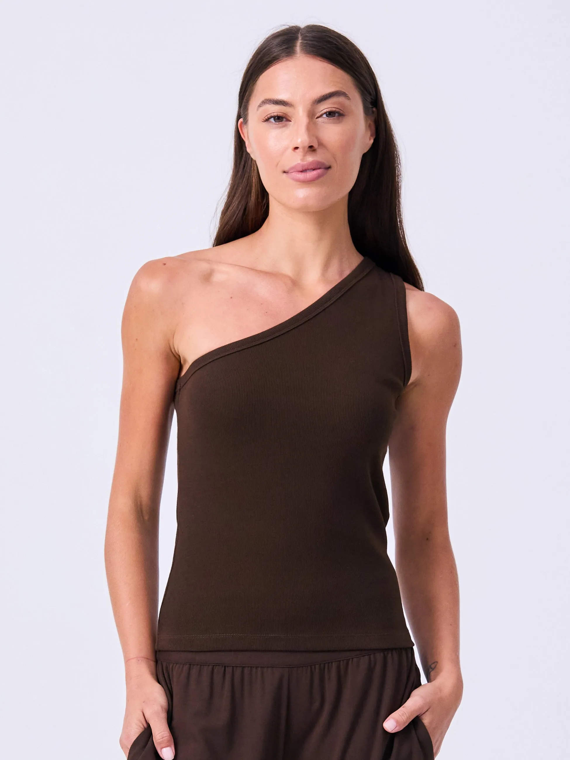 Asymmetric Organic Cotton Rib Tank - Coffee Bean