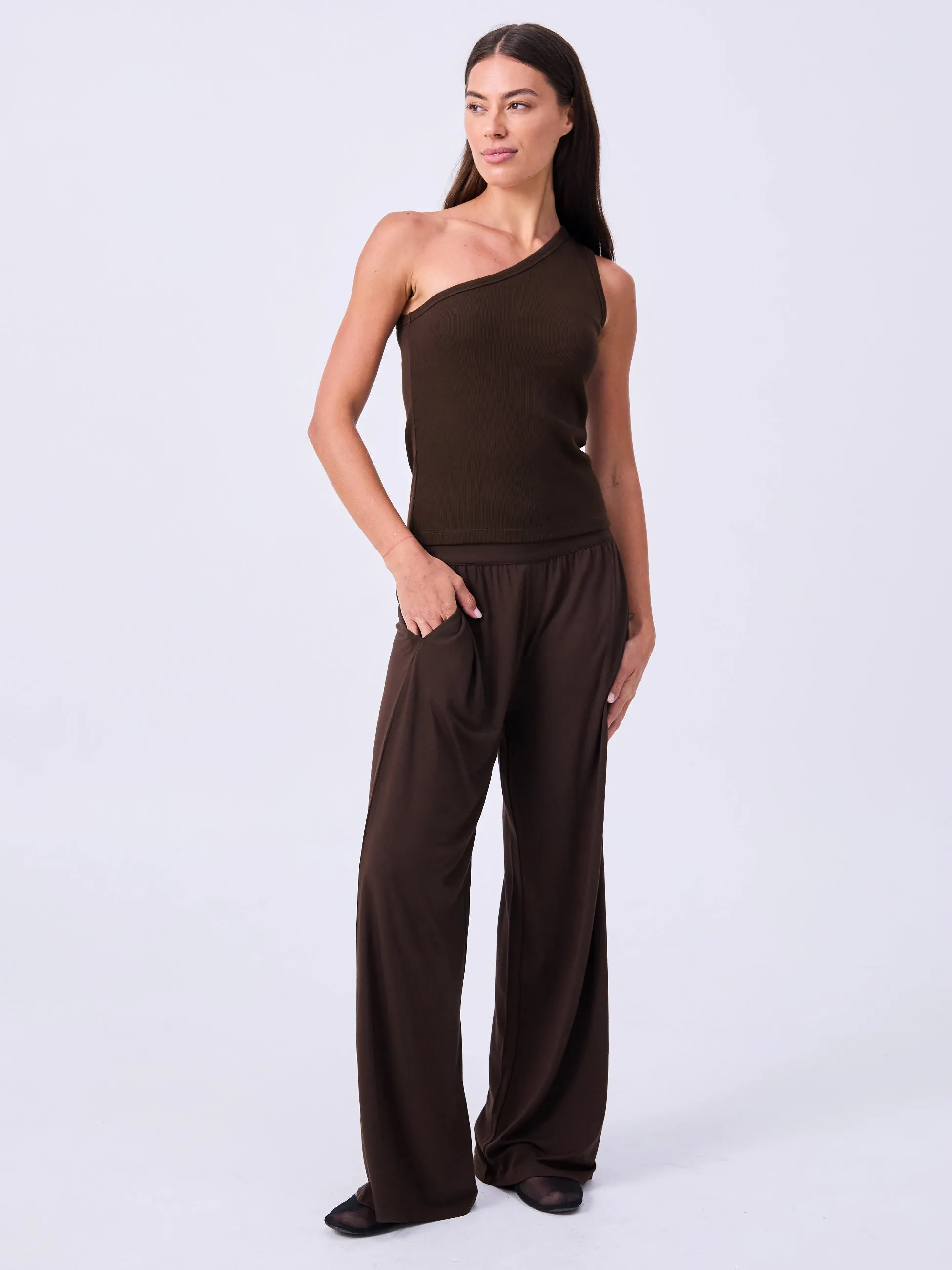 Asymmetric Organic Cotton Rib Tank - Coffee Bean