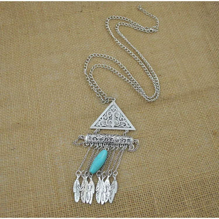 Autumn and Winter Sweater Chain Vintage Ethnic Wind Carved Leaves Tassel Necklace