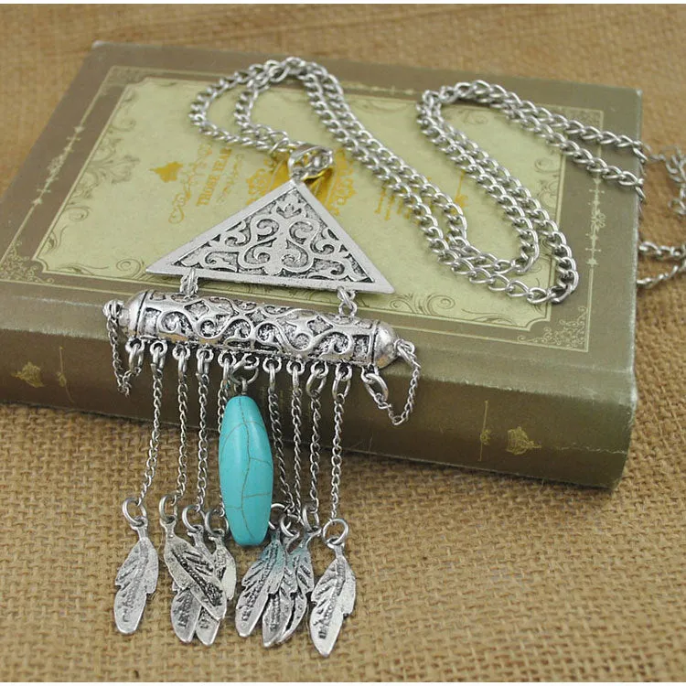 Autumn and Winter Sweater Chain Vintage Ethnic Wind Carved Leaves Tassel Necklace