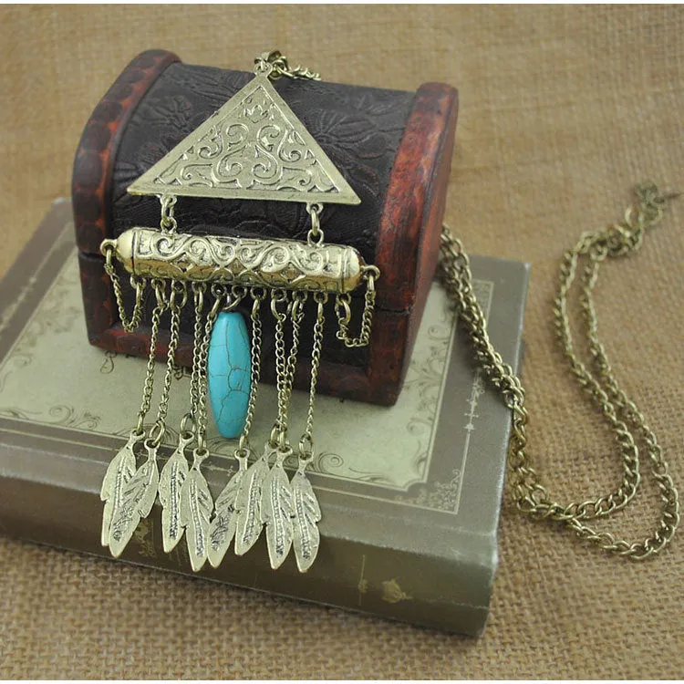 Autumn and Winter Sweater Chain Vintage Ethnic Wind Carved Leaves Tassel Necklace