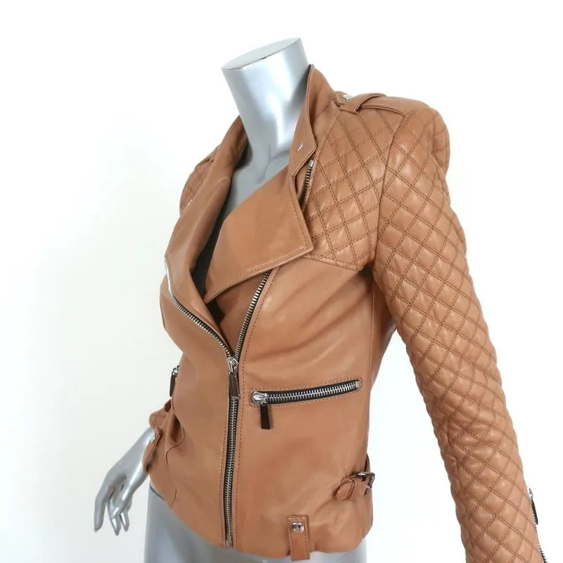 Barbara Bui Quilted Leather Motorcycle Jacket Camel Size 38