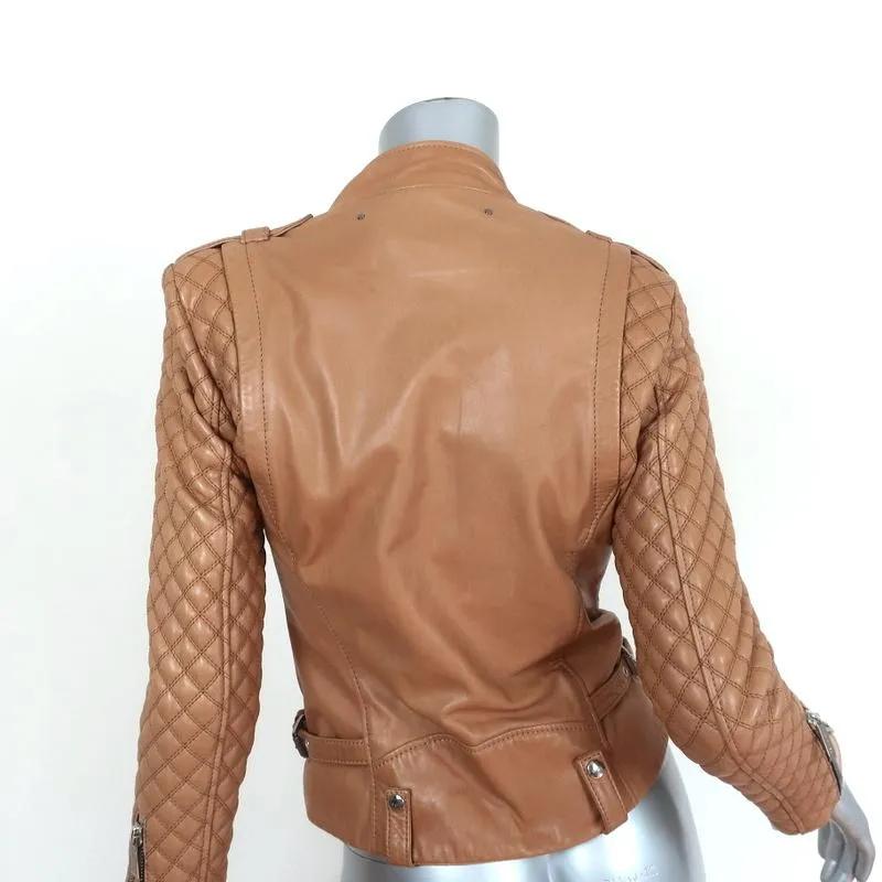 Barbara Bui Quilted Leather Motorcycle Jacket Camel Size 38
